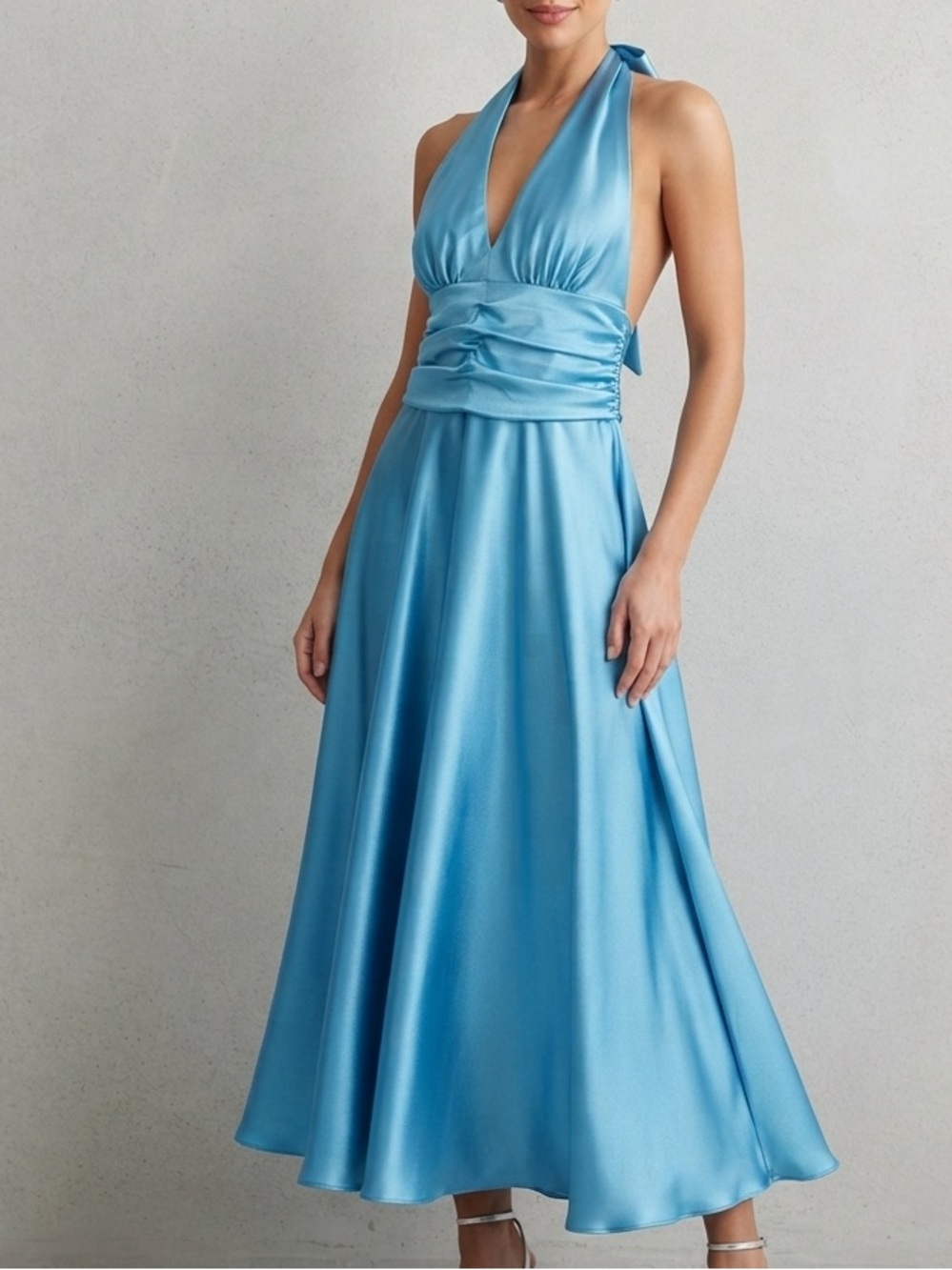 Y2K Vintage Halter Neck Satin Midi Dress in Sky Blue Size Medium